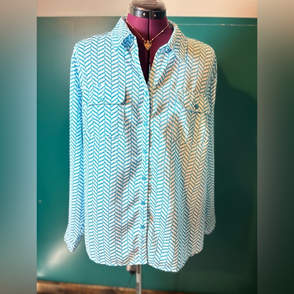 Studio Works Turquoise and White Patterned Top